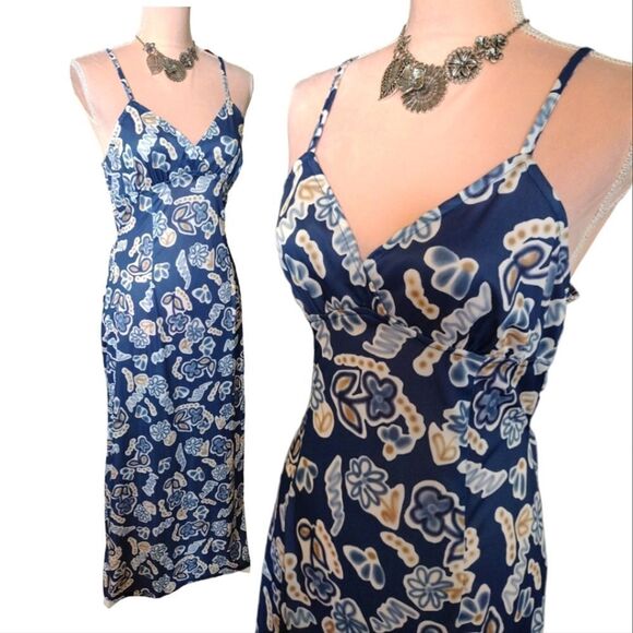 VTG 90s USA Blue Floral Abstract Print Tie Back Maxi Slip Dress Size Large - Picture 1 of 17
